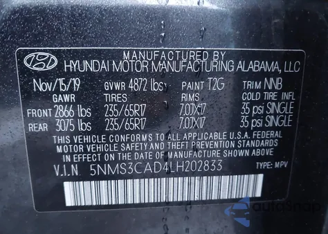 2020 Hyundai Santa Fe Sel z USA, uszkodzony, nr VIN 5NMS3CAD4LH202833